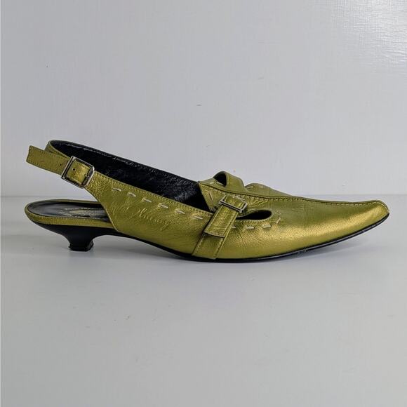 John Fluevog Kitten Heel Slingbacks 10 Green Metallic Leather Statement Shoes - Picture 11 of 16